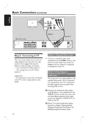 Page 14  
BasicConnections(continued) 
Step2:ConnectingtoTV 
Thisconnectionenablesyoutoviewthe 
videoplaybackfromthisunit.Youonly 
needtochooseoneoftheoptions 
belowtomakethevideoconnection. 
-ForastandardTV,followoptionI. 
-ForaprogressivescanTV,follow 
option2. 
HelpfulHint: 
-Itisimportanttoconnectthisunitdirectly 
totheTVinordertoenjoyoptimumvideo 
quality. 
14 ®Connectacompositevideocable 
(supplied)fromtheCVBSsocketonthe 
mainunittothevideoinputsocket(or 
labelledasA/VIn,VideoIn,Composite...