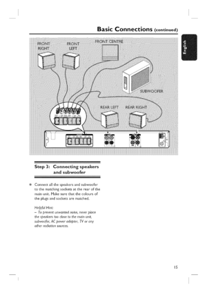 Page 15  
BasicConnections(continued) 
Step3:Connectingspeakers 
andsubwoofer 
Connectallthespeakersandsubwoofer 
tothematchingsocketsattherearofthe 
mainunit,Makesurethatthecoloursof 
theplugsandsocketsarematched. 
HelpfulHint: 
-Topreventunwantednoise,neverplace 
thespeakerstooclosetothemainunit, 
subwoofer,ACpoweradopter,TVorany 
otherradiationsources. 
IS  