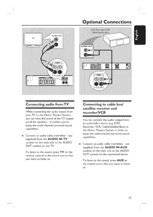 Page 17  
OptionalConnections 
ConnectingaudiofromTV 
Whenconnectingtheaudiooutputfrom 
yourTVtothisHomeTheatreSystem, 
youcanhavethesoundoftheTVoutput 
onallthespeakers.Itenablesyouto 
enjoythemulti-channelsurroundsound 
capabilities. 
Connectanaudiocable(red/white-not 
supplied)fromtheAUDIOIN-TV 
socketsonthemainunittotheAUDIO 
OUTsocketsontheTV. 
Tolistentothesound,pressTVonthe 
remotecontrolasthesoundsourcethat 
youwanttolistento. Connectingtocablebox/ 
satellitereceiverand 
recorclerNCR...