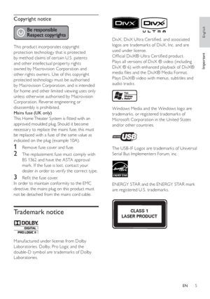 Page 55
   
 
 
  
 
 
DivX , DivX Ultra Cer tiﬁ ed, and associated 
logos are trademarks of DivX , Inc. and are 
used under license.
   
Ofﬁ cial DivX® Ultra Cer tiﬁ ed product.
   
Plays all versions of DivX ® video (including 
DivX ® 6) with enhanced playback of DivX® 
media ﬁ les and the DivX® Media Format.
   
Plays DivX® video with menus, subtitles and 
audio tracks.
   
 
 
 
 
 
Windows Media and the Windows logo are 
trademarks, or registered trademarks of 
Microsof t Corporation in the United States...