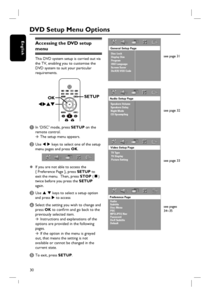 Page 3030
English
Audio Setup Page
Speakers Volume
Speakers Delay
Night Mode
CD Upsampling
 
General Setup Page
Disc Lock
Display Dim
Program
OSD Language
Screen Saver
DivX(R) VOD Code
Video Setup Page
TV Type
TV Display
Picture Setting
DVD Setup Menu Options
Preference Page
Audio
Subtitle
Disc Menu
PBC
MP3/JPEG Nav
Password
DivX Subtitle
Default
Accessing the DVD setup 
menu
This DVD system setup is carried out via 
the TV, enabling you to customise the 
DVD system to suit your particular 
requirements....