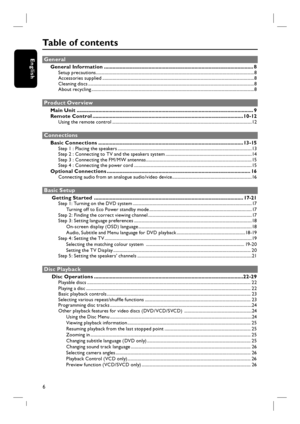 Page 66
English
Table of contents
 General
General Information ........................................................................................................ 8Setup precautions ................................................................................................................................................. 8
Accessories supplied ........................................................................................................................................... 8
Cleaning discs...