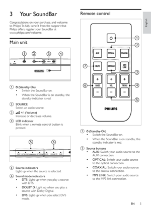 Page 75
Remote control
 
a  (Standby-On) • Switch the SoundBar on.
• When the SoundBar is on standby, the 
standby indicator is red.
b Source buttons• AUX : Switch your audio source to the 
AUX connection. 
• OPTICAL : Switch your audio source 
to the optical connection.
• COA XIAL : Switch your audio source 
to the coaxial connection.
• MP3 LINK : Switch your audio source 
to the MP3 link connection. 
5
1
3
4
7
6
2
3  Your SoundBar
Congratulations on your purchase, and welcome 
to Philips! To fully benefit...