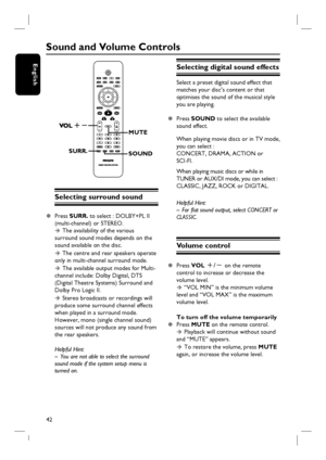 Page 4242
English
Sound and Volume Controls
SURR.
SOUND
MUTE
Selecting surround sound
z Press SURR. to select : DOLBY+PL II 
(multi-channel) or STEREO.
