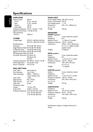Page 5050
English
Specifi cations
AMPLIFIER Output power:    500 W 
-  Front :        75 W / channel
-  Rear:         75 W / channel
-  Centre :        100 W  
-  Subwoofer:    100 W 
Frequency Response:  20 Hz – 20 kHz / –3 dB
Signal-to-Noise Ratio: > 65 dB (CCIR)
Input Sensitivity 
- AUX In :        1000 mV
TUNER Tuning Range:    FM 87.5–108 MHz (50 kHz)
              MW 531–1602 kHz (9 kHz)
26 dB Quieting 
Sensitivity:        FM 20 dB, MW 4μV/m
Image Rejection Radio: FM 25 dB, MW 28 dB
IF Rejection Ratio:...