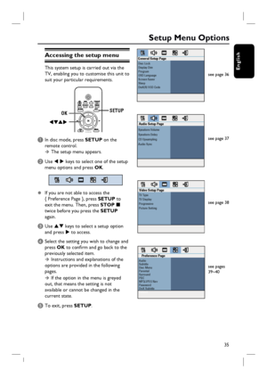 Page 3535
English
Setup Menu Options
Accessing the setup menu
This system setup is carried out via the 
TV, enabling you to customise this unit to 
suit your particular requirements. 
SETUP
OK
ZOOM
A In disc mode, press SETUP on the 
remote control.
