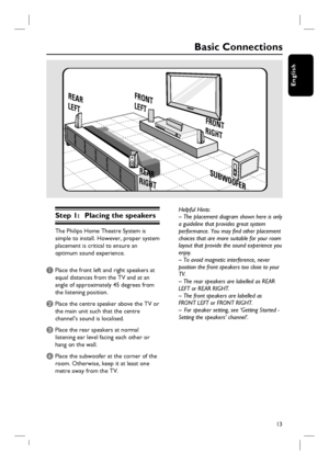 Page 1313
English
Basic Connections
Step 1:  Placing the speakers
The Philips Home Theatre System is 
simple to install. However, proper system 
placement is critical to ensure an 
optimum sound experience.
A Place the front left and right speakers at 
equal distances from the TV and at an 
angle of approximately 45 degrees from 
the listening position.
B Place the centre speaker above the TV or 
the main unit such that the centre 
channel’s sound is localised.
C Place the rear speakers at normal 
listening ear...