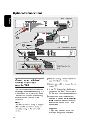 Page 1818
English
RFS-VIDEOOUTINAUDIO
R             L VIDEOTO TV
ANTENNA-INTV-OUT~MAINS
TO TV - I/OEXT1AUX - I/OEXT2
AUDIO IN SPEAKERS
VIDEO OUT
AUX
Pr
Pb
SCART IN/OUT
YL
RAM/
MW
EXT 1 EXT 2
AUDIO IN
AUX L
R
CB
A A
Optional Connections
Connecting to cable box/
satellite receiver and 
recorder/VCR
You can connect the audio output from 
an analogue audio/video device (e.g. VCR, 
Cable/Satellite Box or TV) to this Home 
Theatre Audio System in order to enjoy 
the multi-channel surround sound 
capabilities  
Note:...