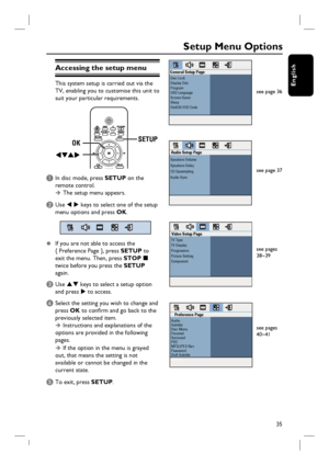 Page 3535
English
Setup Menu Options
Accessing the setup menu
This system setup is carried out via the 
TV, enabling you to customise this unit to 
suit your particular requirements. 
SLEEP
SETUP
OK
A In disc mode, press SETUP on the 
remote control.
