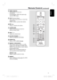 Page 1111
English
Remote Control (c o n t i n u e d )
n MENU (BACK)
–  DVD: go back to title menu.
– VCD/SVCD: 
During playback (PBC ON mode only) 
return to PBC menu.
o í/ë  (Previous / Next)
–  DISC: skips to the previous or next title/
chapter/track.
–  RADIO: selects a preset radio station.
p    (Mute)
–  Mutes or restores the volume.
q SURROUND
–  Selects multi-channel surround or
  stereo or party mode.
r VOL +/- 
–  Adjusts the volume level.
s SOUND MODES +/- 
–  Selects a predefi ned sound effect.
t...