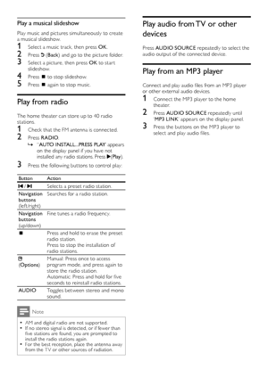 Page 1514
Play audio from TV or other 
devices
Press AUDIO SOURCE repeatedly to select the audio output of the connected device. 
Play from an MP3 player
Connect and play audio files from an MP3 player or other external audio devices.
1 Connect the MP3 player to the home theater. 
2 Press AUDIO SOURCE repeatedly until ‘MP3 LINK’ appears on the display panel.
3 Press the but tons on the MP3 player to select and play audio files.
Play a musical slideshow
Play music and pictures simultaneously to create a musical...