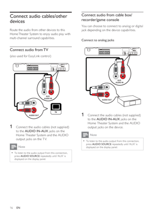 Page 1616
Connect audio from cable box/
recorder/game console
   
You can choose to connect to analog or digital 
jack depending on the device capabilities.
   
  
 
 
 
Connect to analog jacks 
 
 
  
 
 
 
 
1  Connect the audio cables (not supplied) 
to the  AUDIO IN-AUX 
 jacks on the 
Home Theater System and the AUDIO 
output jacks on the device. 
  Note
 
To listen to the audio output from this connec tion,   •
press  AUDIO SOURCE 
 repeatedly until ‘AUX’ is 
displayed on the display panel.
   
 
AUDIO...