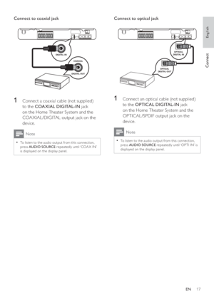 Page 1717
Connect to optical jack 
 
 
  
 
 
 
 
1  Connect an optical cable (not supplied) 
to the  OPTICAL DIGITAL-IN 
 jack 
on the Home Theater System and the 
OPTICAL /SPDIF output jack on the 
device.
  Note
 
To listen to the audio output from this connec tion,   •
press  AUDIO SOURCE 
 repeatedly until ‘OPTI IN’ is 
displayed on the display panel.
DIGITAL INOPTICAL
DIGITAL OUTOPTICAL
Connect to coaxial jack  
 
 
  
 
 
 
 
1  Connect a coaxial cable (not supplied) 
to the  COA XIAL DIGITAL-IN 
 jack...