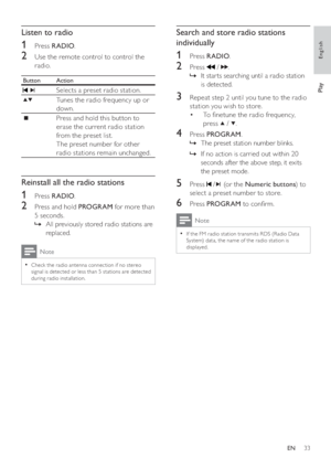 Page 3333
Search and store radio stations 
individually
   
 
 
1 Press  RADIO 
.
 
 
 
 
2 Press   
 /   
.
   
 
 
It star ts searching until a radio station    »
is detected.
   
 
 
 
 
3  Repeat step 2 until you tune to the radio 
station you wish to store.
   
 
 
To  netune the radio frequency,  • 
press  
   /   
.
 
 
 
 
 
 
4 Press  PROGRAM 
.
   
 
 
The preset station number blinks.   »
   
 
 
If no action is carried out within 20    »
seconds after the above step, it exits 
the preset mode....