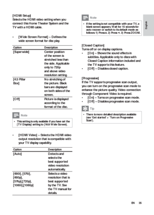 Page 3535
  Note
 
If the set ting is not compatible with your T V, a   •blank screen appears. Wait for 15 seconds for 
auto recover or switch to its default mode as 
follows: 1) Press  
  . 2) Press   
. 3) Press   
 
ZOOM 
.
 
 
  
 
 
 
 
 
[Closed Caption] 
   
Turns off or on display captions.
   
 
 
  • [On] 
 – Shows the sound effects in 
subtitles. Applicable only to discs with 
Closed Caption information included and 
the T V suppor ts this feature.
   
 
 
  • [Of f ] 
 – Disables closed caption....