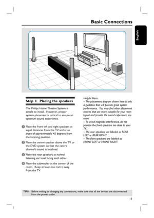 Page 1313
English
Step 1:  Placing the speakers
The Philips Home Theatre System is 
simple to install.  However, proper 
system placement is critical to ensure an 
optimum sound experience.
A Place the front left and right speakers at 
equal distances from the TV and at an 
angle of approximately 45 degrees from 
the listening position.
B Place the centre speaker above the TV or 
the DVD system so that the centre 
channel’s sound is localised.
C Place the rear speakers at normal 
listening ear level facing each...