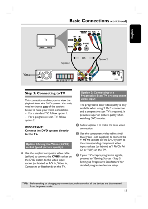 Page 1515
English
Basic Connections (continued)
Step 3:  Connecting to TV
This connection enables you to view the 
playback from this DVD system. You only 
need to choose one of the options 
below to make your video connection.
–  For a standard TV, follow option 1.
–  For a progressive scan TV, follow 
option 2.
IMPORTANT!
Connect the DVD system directly 
to the TV.
Option 1: Using the Video (CVBS) 
socket (good picture quality)
z  Use the supplied composite video cable 
(yellow) to connect the CVBS socket on...