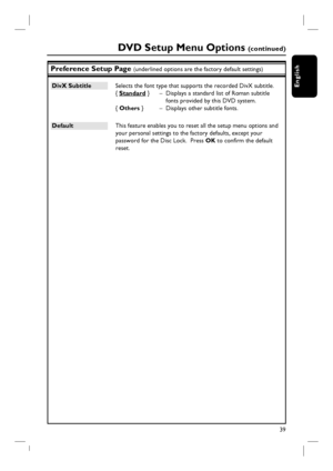 Page 3939
English
Preference Setup Page (underlined options are the factory default settings)
DivX Subtitle  Selects the font type that supports the recorded DivX subtitle.
{ Standard }   –  Displays a standard list of Roman subtitle 
fonts provided by this DVD system.
{ Others }   –  Displays other subtitle fonts.
Default  This feature enables you to reset all the setup menu options and 
your personal settings to the factory defaults, except your 
password for the Disc Lock.  Press OK to confi rm the default...