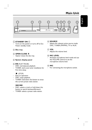 Page 99
English
Main Unit
a  STANDBY ON 2 
–  Turns on the system or turns off to Eco 
Power standby mode.
b Disc tray
c OPEN CLOSE ç
–  Opens/ closes the disc tray.
d System display panel
e u (PLAY PAUSE) 
–  DISC: starts/pauses playback.
–  TUNER: starts auto tuner installation for 
fi rst time setup.
Ç (STOP)
–   Exits an operation.  
–   DISC: stops playback.
–  TUNER: hold down this button to erase 
the current preset radio station.  
. >
–  DISC: selects a track or hold down this 
button to search...