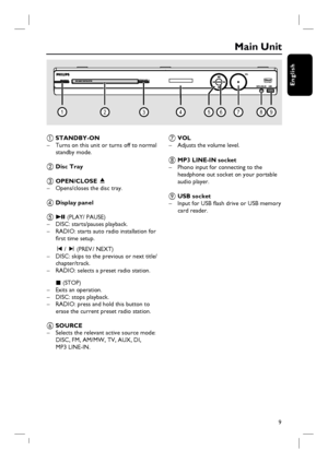 Page 99
English
Main Unit
a  STANDBY-ON
–  Turns on this unit or turns off to normal 
standby mode.
b Disc Tray
c OPEN/CLOSE ç
–  Opens/closes the disc tray. 
d Display panel
e u (PLAY/ PAUSE)
– DISC: starts/pauses playback.
–  RADIO: starts auto radio installation for 
fi rst time setup.
 í  / ë (PREV / NEXT)
–  DISC: skips to the previous or next title/
chapter/track.
–  RADIO: selects a preset radio station.
 
