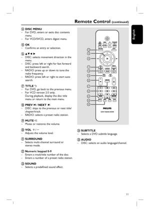Page 1111
English
Remote Control (c o n t i n u e d )
n DISC MENU
–  For DVD, enters or exits disc contents 
menu.
–  For VCD/SVCD, enters digest menu.
o OK
– Confi rms an entry or selection.
p v V b  B
–  DISC: selects movement direction in the 
menu.
–  DISC: press left or right for fast forward 
and backward search.
–  RADIO: press up or down to tune the 
radio frequency.
–  RADIO: press left or right to start auto 
search.
q TITLE 2
–  For DVD, go back to the previous menu.
–  For VCD version 2.0 only;...