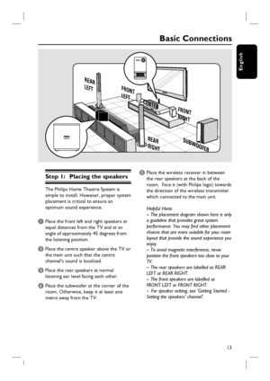 Page 1313
English
Basic Connections
Step 1:  Placing the speakers
The Philips Home Theatre System is 
simple to install. However, proper system 
placement is critical to ensure an 
optimum sound experience.
A Place the front left and right speakers at 
equal distances from the TV and at an 
angle of approximately 45 degrees from 
the listening position.
B Place the centre speaker above the TV or 
the main unit such that the centre 
channel’s sound is localised.
C Place the rear speakers at normal 
listening ear...