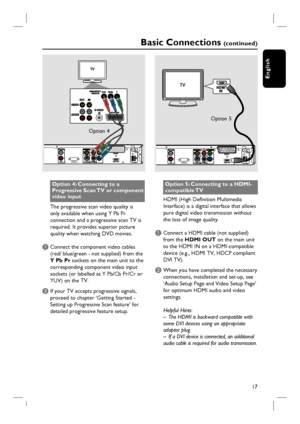 Page 1717
English
AUDIO IN
WIRELESS
TRANSMITTER
Basic Connections (c o n t i n u e d )
Option 4: Connecting to a 
Progressive Scan TV or component 
video input
The progressive scan video quality is 
only available when using Y Pb Pr 
connection and a progressive scan TV is 
required. It provides superior picture 
quality when watching DVD movies.
A Connect the component video cables 
(red/ blue/green - not supplied) from the 
Y Pb Pr sockets on the main unit to the 
corresponding component video input 
sockets...