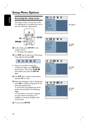 Page 3636
English
Setup Menu Options
Accessing the setup menu
This system setup is carried out via the 
TV, enabling you to customise this unit to 
suit your particular requirements. 
SLEEP
SETUP
OK
A In disc mode, press SETUP on the 
remote control.
