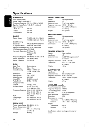 Page 54
54
English
Specifi cations
AMPLIFIER Total output power,
Home Theatre mode: 600 W
Frequency Response:  150 Hz – 18 kHz / ±3 dB
Signal-to-Noise Ratio: > 60 dB (A-weighted)
Input Sensitivity 
- AUX In :        500 mV
- TV In:         250 mV
- MP3 Line-In:   500 mV
RADIO Tuning Range:    FM 87.5–108 MHz (50kHz)
              MW 531–1602 kHz (9kHz)
26 dB Quieting 
Sensitivity:        FM 22 dBf, MW 5000μV/m
IF Rejection Ratio:    FM 60 dB, MW 24 dB
Signal-to-Noise Ratio: FM 50 dB, MW 30 dB
MW Suppression...