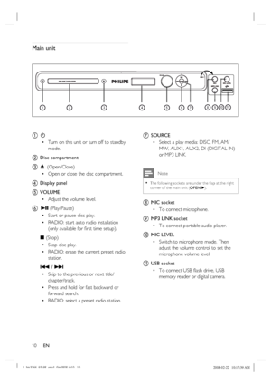 Page 10
10      EN
Main unit
a 2
Turn on this unit or turn off to standby 
mode.
b Disc compartment
c ç  (Open/Close)
Open or close the disc compartment.
d  Display panel  
e VOLUME   
Adjust the volume level.
f   u  (Play/Pause)
Start or pause disc play.
RADIO: start auto radio installation 
(only available for  ﬁ rst time setup).
 x  (Stop)
Stop disc play.
RADIO: erase the current preset radio 
station.
 . /  >
Skip to the previous or next title/
chapter/track.
Press and hold for fast backward or 
forward...