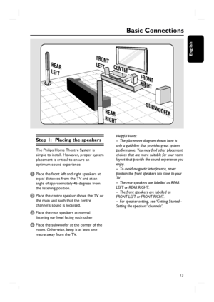 Page 1313
English
Basic Connections
Step 1:  Placing the speakers
The Philips Home Theatre System is 
simple to install. However, proper system 
placement is critical to ensure an 
optimum sound experience.
A Place the front left and right speakers at 
equal distances from the TV and at an 
angle of approximately 45 degrees from 
the listening position.
B Place the centre speaker above the TV or 
the main unit such that the centre 
channel’s sound is localised.
C Place the rear speakers at normal 
listening ear...