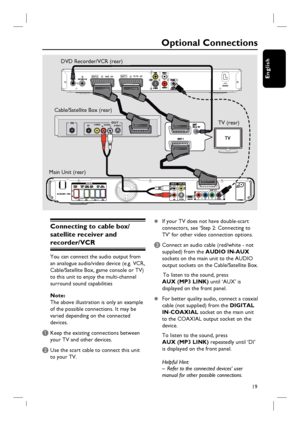 Page 1919
English
RFS-VIDEOOUTINAUDIO
R             L VIDEOTO TV
ANTENNA-INTV-OUT~MAINS
TO TV - I/OEXT1AUX - I/OEXT2
Optional Connections
Connecting to cable box/
satellite receiver and 
recorder/VCR
You can connect the audio output from 
an analogue audio/video device (e.g. VCR, 
Cable/Satellite Box, game console or TV) 
to this unit to enjoy the multi-channel 
surround sound capabilities  
Note:
The above illustration is only an example 
of the possible connections. It may be 
varied depending on the...