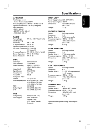Page 5555
English
AMPLIFIER Total output power:
- Home Theatre mode: 600 W 
Frequency Response:  180 Hz – 18 kHz / ±3 dB
Signal-to-Noise Ratio: > 60 dB (A-weighted)
Input Sensitivity 
- AUX:  400 mV
- SCART TO TV: 200 mV
- MP3 LINK: 400 mV
RADIO Tuning Range:    FM 87.5–108 MHz (50 kHz)
26 dB Quieting 
Sensitivity:        FM 22 dBf
IF Rejection Ratio:    FM 60 dB
Signal-to-Noise Ratio: FM 50 dB
Harmonic Distortion: FM Mono 3%
            FM Stereo 3%
Frequency Response  FM 180 Hz–10 kHz / ±6 dB
Stereo...