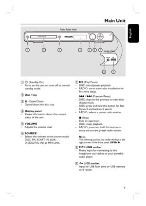 Page 99
English
Main Unit
a  2 (Standby-On)
–  Turns on this unit or turns off to normal 
standby mode.
b Disc Tray
c ç  (Open/Close)
–  Opens/closes the disc tray. 
d Display panel
–  Shows information about the current 
status of the unit.
e VOLUME 
–  Adjusts the volume level.
f SOURCE 
–  Selects the relevant active source mode: 
DISC, FM, SCART IN, AUX, 
DI (DIGITAL IN) or MP3 LINK.  
g u (Play/ Pause)
–  DISC: starts/pauses playback.
–  RADIO: starts auto radio installation for 
fi rst time setup.
 .  /...