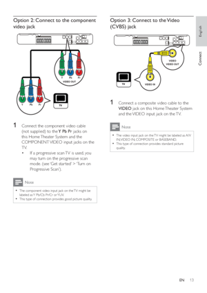 Page 1213
Option 3: Connect to the Video 
(CVBS) jack
   
 
 
 
 
 
1  Connect a composite video cable to the 
  VIDEO 
 jack on this Home Theater System 
and the VIDEO input jack on the TV.
  Note
 
The video input jack on the TV might be labeled as A/V   •
IN, VIDEO IN, COMPOSITE or BASEBAND. 
   
This type of connection provides standard picture 
  •
quality.
 
 
 
 
 
 
VIDEO
VIDEO OUT
VIDEO IN
Option 2: Connect to the component 
video jack
   
 
 
 
 
 
1  Connect the component video cable 
(not supplied)...