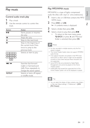 Page 2829
Play MP3/WMA music
   
MP3/WMA is a type of highly compressed 
audio  le ( les with .mp3 or .wma extensions).
   
 
 
1  Inser t a disc or USB that contains the MP3/
WMA music.
   
 
 
2 Press  DISC 
 or  USB 
.
   
 
 
A contents menu is displayed.   »
 
 
 
 
 
 
3  Select a folder, then press  OK 
.
 
 
 
 
4  Select a track to play, then press   
.
   
 
 
To return to the main menu, press  • 
 
   
 BACK 
 or press   
 until ‘Previous’ 
folder is selected, then press  OK 
.
 
Note
 
For disc...