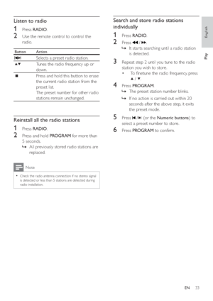 Page 3233
   
 
 
 
Search and store radio stations 
individually
   
 
 
1 Press  RADIO 
.
 
 
 
 
2 Press   
 /   
.
   
 
 
It star ts searching until a radio station    »
is detected.
   
 
 
 
 
3  Repeat step 2 until you tune to the radio 
station you wish to store.
   
 
 
To  netune the radio frequency, press  • 
 
   /   
.
 
 
 
 
 
 
4 Press  PROGRAM 
.
   
 
 
The preset station number blinks.   »
   
 
 
If no action is carried out within 20    »
seconds after the above step, it exits 
the preset...