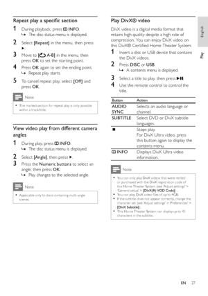 Page 2727
Play DivX® video
   
DivX video is a digital media format that 
retains high quality despite a high rate of 
compression. You can enjoy DivX video on 
this DivX® Cer tiﬁ ed Home Theater System.
 
 
 
 
1  Inser t a disc or USB device that contains 
the DivX videos.
   
 
 
2 Press  DISC 
 or  USB 
.
   
 
 
A contents menu is displayed.   »
 
 
 
 
 
 
3  Select a title to play, then press   
.
 
 
 
 
4  Use the remote control to control the 
title. 
   
Button   
Action
 
 
AUDIO 
SYNC  Selects an...