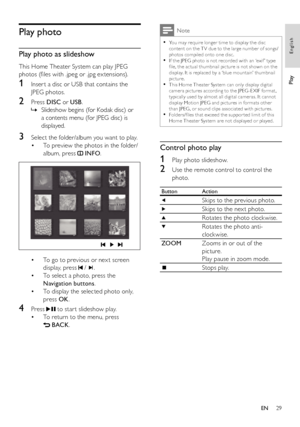 Page 2929
  Note
 
You may require longer time to display the disc   •content on the T V due to the large number of songs/
photos compiled onto one disc.
   
If the JPEG photo is not recorded with an ‘exif ’ type 
  •ﬁ le, the ac tual thumbnail pic ture is not shown on the 
display. It is replaced by a ‘blue mountain’ thumbnail 
picture.
   
This Home Theater System can only display digital 
  •camer a pic tures according to the JPEG -E XIF for mat, 
typically used by almost all digital camer as. It cannot...