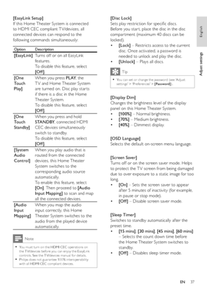 Page 3737
   
 
 
 
[Disc Lock] 
   
Sets play restriction for speciﬁ c discs. 
Before you star t, place the disc in the disc 
compar tment (maximum 40 discs can be 
locked).
   
 
 
  • [Lock] 
 – Restricts access to the current 
disc. Once activated, a password is 
needed to unlock and play the disc. 
   
 
 
  • [Unlock] 
 – Plays all discs.
 
Tip
 
You can set or change the password (see ‘Adjust   •set tings’ > ‘Preferences’ >  [Password] 
).
 
 
 
 
 
[Display Dim] 
   
Changes the brightness level of the...