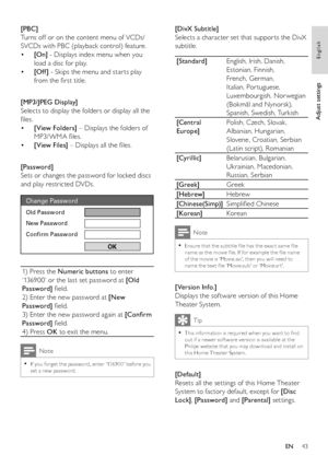 Page 4343
   
 
 
 
[DivX Subtitle] 
   
Selects a character set that suppor ts the DivX 
subtitle.
   
[Standard] 
English, Irish, Danish, 
Estonian, Finnish, 
French, German, 
Italian, Por tuguese, 
Luxembourgish, Nor wegian 
(Bokmål and Nynorsk), 
Spanish, Swedish, Turkish
   
[Central 
Europe]  Polish, Czech, Slovak, 
Albanian, Hungarian, 
Slovene, Croatian, Serbian 
(Latin script), Romanian
   
[Cyrillic] 
Belarusian, Bulgarian, 
Ukrainian, Macedonian, 
Russian, Serbian
   
[Greek] 
Greek
   
[Hebrew]...