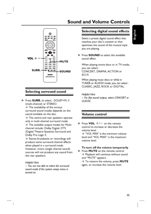 Page 4545
English
Sound and Volume Controls
SURR.
SOUND
MUTE
Selecting surround sound
z Press SURR. to select : DOLBY+PL II 
(multi-channel) or STEREO.
