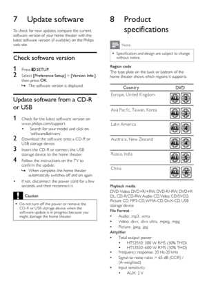 Page 1616
8 Product specifications
Note
 •Specification and design are subject to change 
without notice.
Region code
The type plate on the back or bottom of the 
home theater shows which regions it suppor ts
  
Playback media
DVD-Video, DVD+R/+RW, DVD-R/-RW, DVD+R 
DL, CD-R/CD-RW, Audio CD, Video CD/SVCD, 
Picture CD, MP3-CD, WMA-CD, DivX-CD, USB 
storage device
File Format
 • A

udio: .mp3, .wma
 •V

ideo: .div x, .div x ultra, .mpeg, .mpg
 •P

icture: .jpeg, .jpg
Amplifier
 • T

otal output power : 
•...