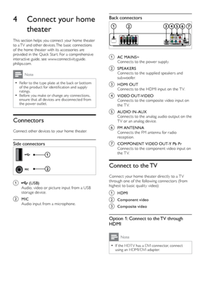 Page 88
Back connectors
 
a AC MAINS~Connects to the power supply.
b SPEAKERS
Con nects to the supplied speakers and 
subwoofer.
c HDMI OUT Connects to the HDMI input on the T V. 
d VIDEO OUT-VIDEOConnects to the composite video input on 
the T V. 
e AUDIO IN-AUXConnects to the analog audio output on the 
T V or an analog device. 
f FM ANTENNAConnects the FM antenna for radio 
reception.
g COMPONENT VIDEO OUT-Y Pb Pr Connects to the component video input on 
the T V. 
Connect to the TV
Connect your home...