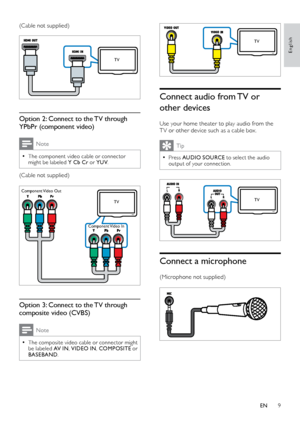 Page 99
English
 
Connect audio from TV or 
other devices
Use your home theater to play audio from the 
T V or other device such as a cable box. 
Tip
 •Press AUDIO SOURCE to select the audio 
output of your connection.
  
Connect a microphone
(Microphone not supplied)
 
TV
TV
(Cable not supplied)
 
Option 2: Connect to the TV through 
YPbPr (component video)
Note
 •The component video cable or connector 
might be labeled Y Cb Cr or YUV .
(Cable not supplied)
 
Option 3: Connect to the TV through 
composite...