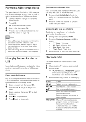 Page 1212
Synchronize audio with video
If the audio and video are not synchronized, you 
can delay the audio to match the video.
1 Press and hold AUDIO SYNC  until the 
audio sync message appears on the display 
panel.
2  Press  +/- within five seconds to sync the 
audio with your video.
Quick skip play to a specific time
Quick skip to a specific par t of a video by 
entering the time of a scene.
1  During video play, press  INFO .
2 Press the Navigation buttons and OK  to 
select:
• [ T T Time]  : Title time.•...