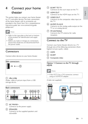 Page 99
English
c SCART TO TV
Connects to the scar t input on the T V. 
d HDMI OUT
Connects to the HDMI input on the T V. 
e VIDEO OUT
Connects to the composite video input on 
the T V. 
f AUDIO IN-AUX
Connects to the analog audio output on the 
T V or an analog device. 
g  FM ANTENNA
Connects the FM antenna for radio 
reception.
Connect to the TV
Connect your home theater directly to a T V 
through one of the following connectors (from 
highest to basic quality video):
a HDMI
b SCART
c Composite video
Option...