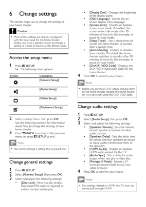 Page 1414
• [Display Dim] : Changes the brightness 
of the display panel.
• [OSD Language]  : Selects the on-
screen display menu language.
• [Screen Saver]  : Enables or disables 
screen saver mode. If enabled, the 
screen enters idle mode af ter 10 
minutes of inactivity (for example, in 
pause or stop mode).
• [Sleep Timer]  : Sets a sleep timer to 
switch the home theater to standby 
af ter a specific time.
• [Auto St andby]  : Enables or disables 
auto standby. If enabled, the home 
theater switches to...