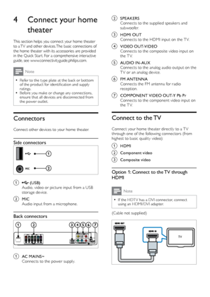 Page 88
b SPEAKERS
Connects to the supplied speakers and 
subwoofer.
c HDMI OUT Connects to the HDMI input on the T V. 
d VIDEO OUT-VIDEOConnects to the composite video input on 
the T V. 
e AUDIO IN-AUXConnects to the analog audio output on the 
T V or an analog device. 
f FM ANTENNAConnects the FM antenna for radio 
reception.
g COMPONENT VIDEO OUT-Y Pb Pr Connects to the component video input on 
the T V. 
Connect to the TV
Connect your home theater directly to a T V 
through one of the following connectors...