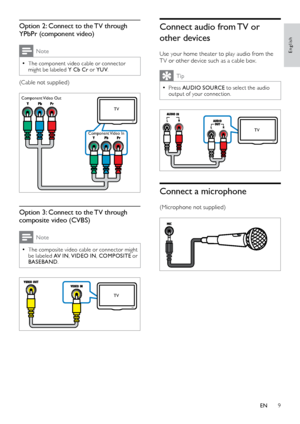 Page 99
English
Connect audio from TV or 
other devices
Use your home theater to play audio from the 
T V or other device such as a cable box. 
Tip
 •Press AUDIO SOURCE to select the audio 
output of your connection.
  
Connect a microphone
(Microphone not supplied)
 
TV
Option 2: Connect to the TV through 
YPbPr (component video)
Note
 •The component video cable or connector 
might be labeled Y Cb Cr or YUV .
(Cable not supplied)
 
Option 3: Connect to the TV through 
composite video (CVBS)
Note
 •The...